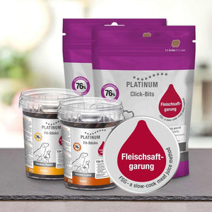 PLATINUM Poskusni paket Large, najboljša izbira za pse srednjih in večjih pasem, v vijolično-beli embalaži Fleischsaft-garung z okusoma piščanec in jagnjetina, je odličen za zdravo prehrano psov.