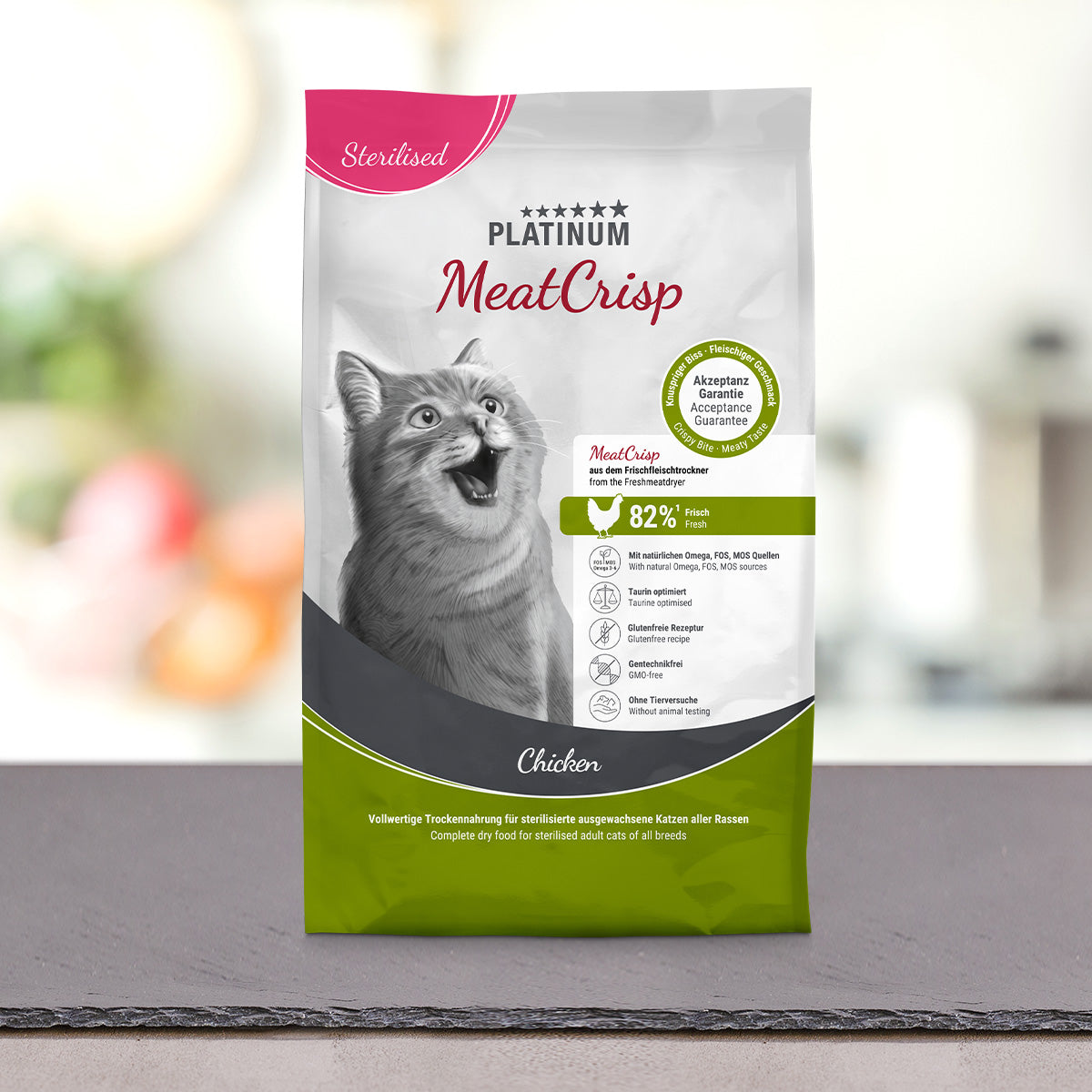 Vrečka PLATINUM MeatCrisp Sterilised Chicken 3 kg, suha hrana za mačke