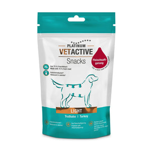 Teal in bela vrečka za ponovno zapiranje VETACTIVE Vetactive Snack Light Turkey 200g, prigrizki za pse s prekomerno težo, vsebuje 70 % svežega mesa in je odlična kot nizkokalorična poslastica za pse.